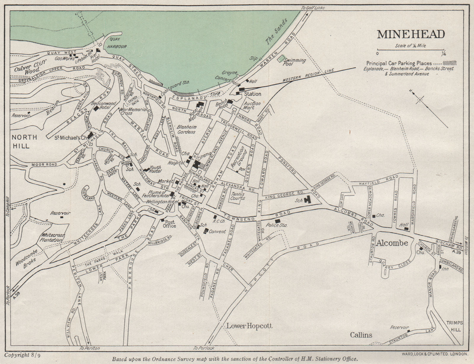 MINEHEAD vintage town/city plan. Somerset. WARD LOCK 1948 old vintage map